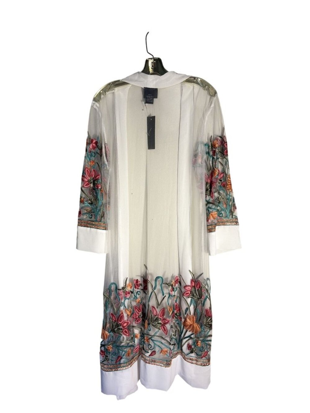 Floral Embroidered Sheer Kimono Cover-Up With White Hem & 3/4 Sleeves - XL - Picture 7 of 9
